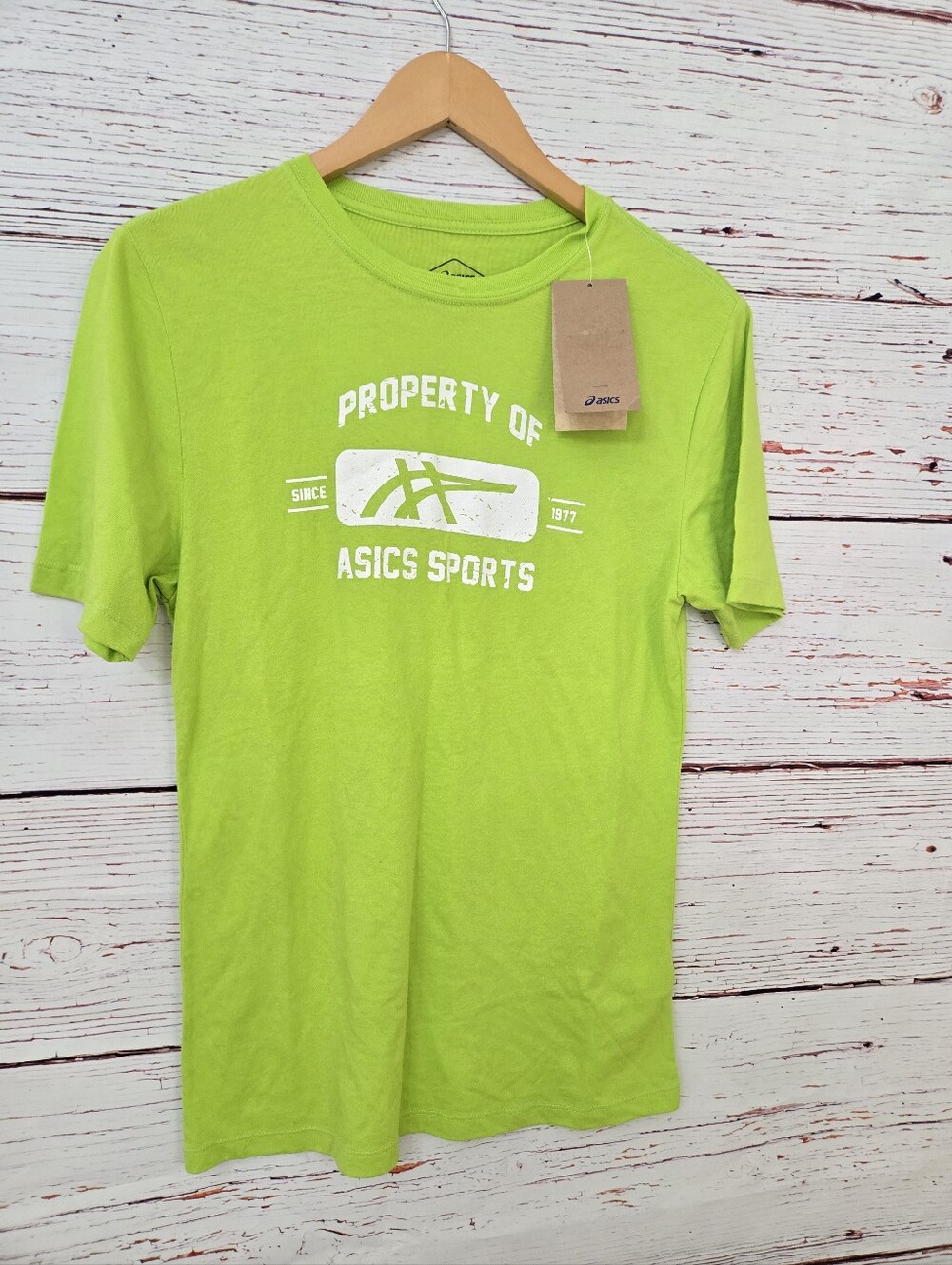 NWT ASICS Neon Green Graphic Athletic T Shirt Mens XS Running Tee